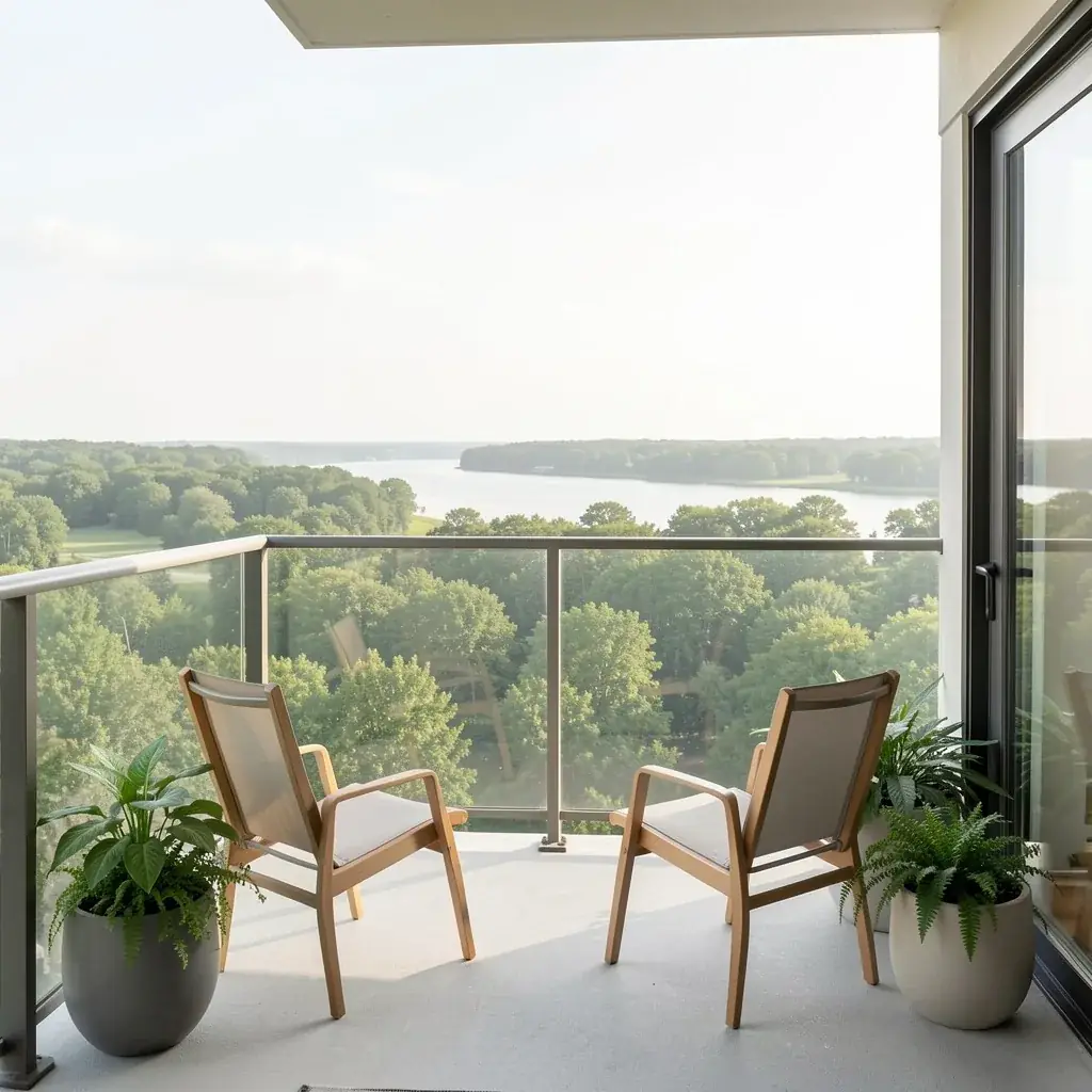 Condo balcony with two chairs overlooking tree canopy and the river