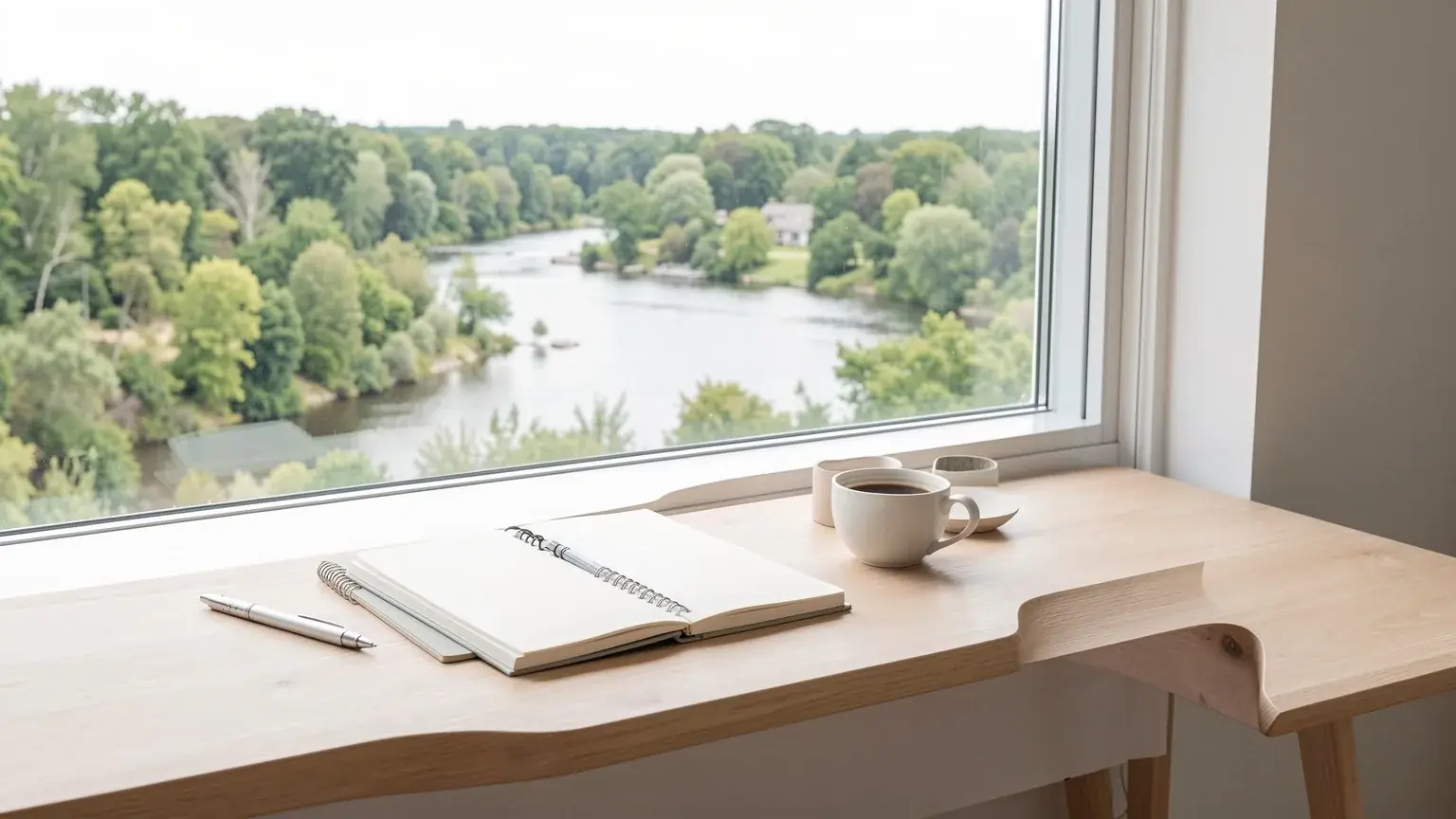 Desk by a window with a notebook and coffee, trees and river outside