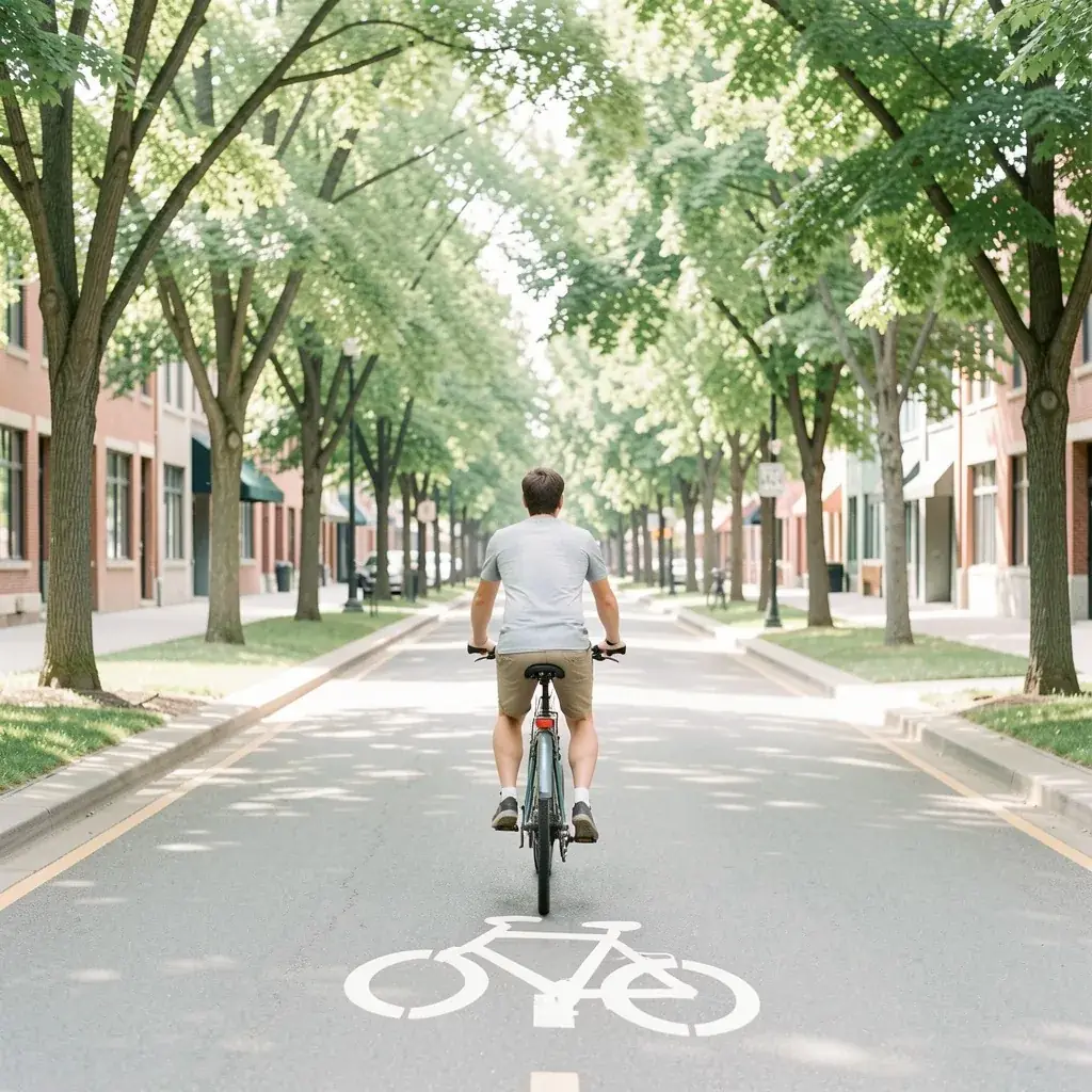 Cyclist on a separated bike lane on a tree-lined Ottawa street