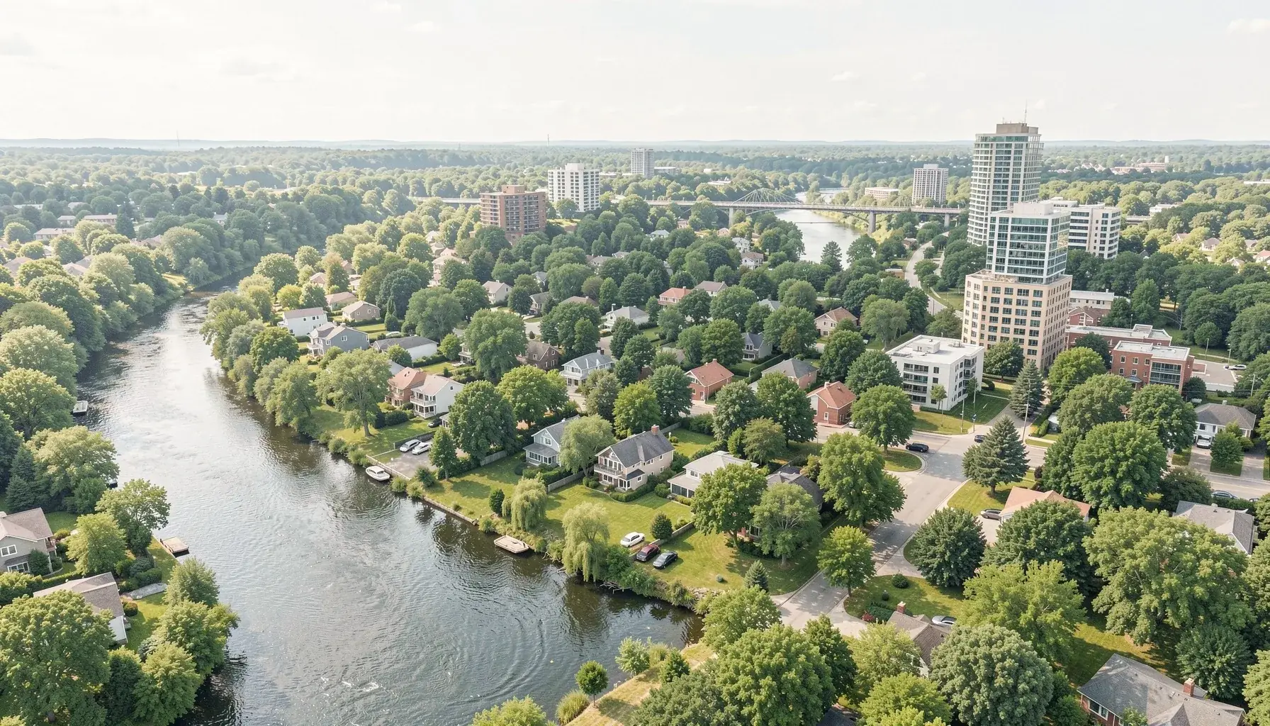 Aerial view of a leafy Ottawa neighbourhood between a river and a canal