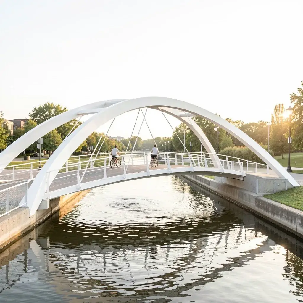 Modern white pedestrian bridge over the canal