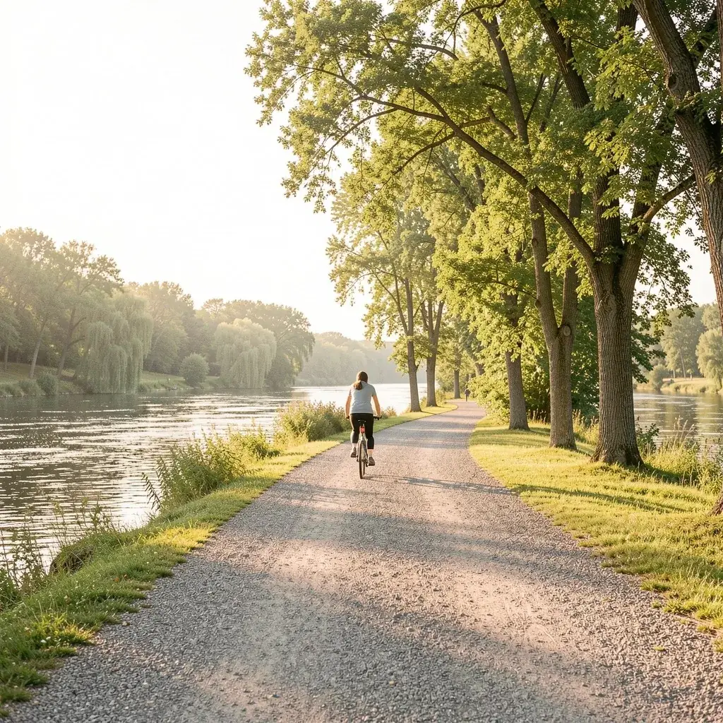 Gravel trail along the Rideau River lined with maples in morning light