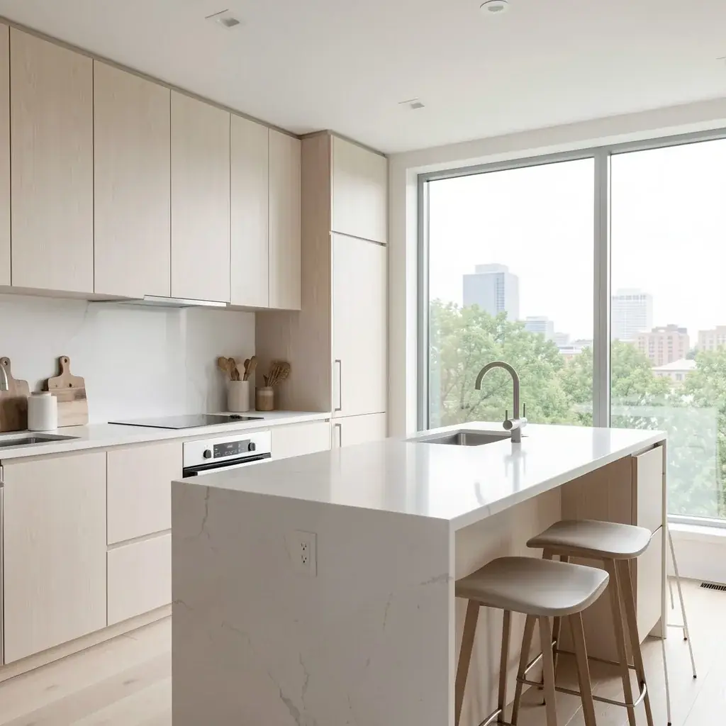 Minimal condo kitchen with white oak cabinets and a quartz island