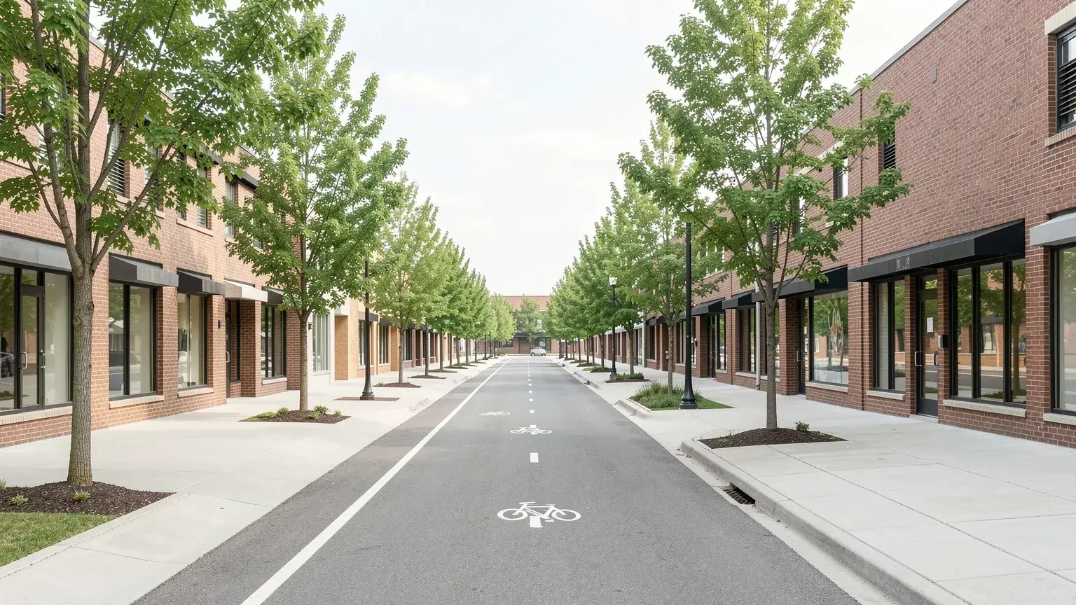Complete street with raised bike lane, wide sidewalks and low-rise storefronts