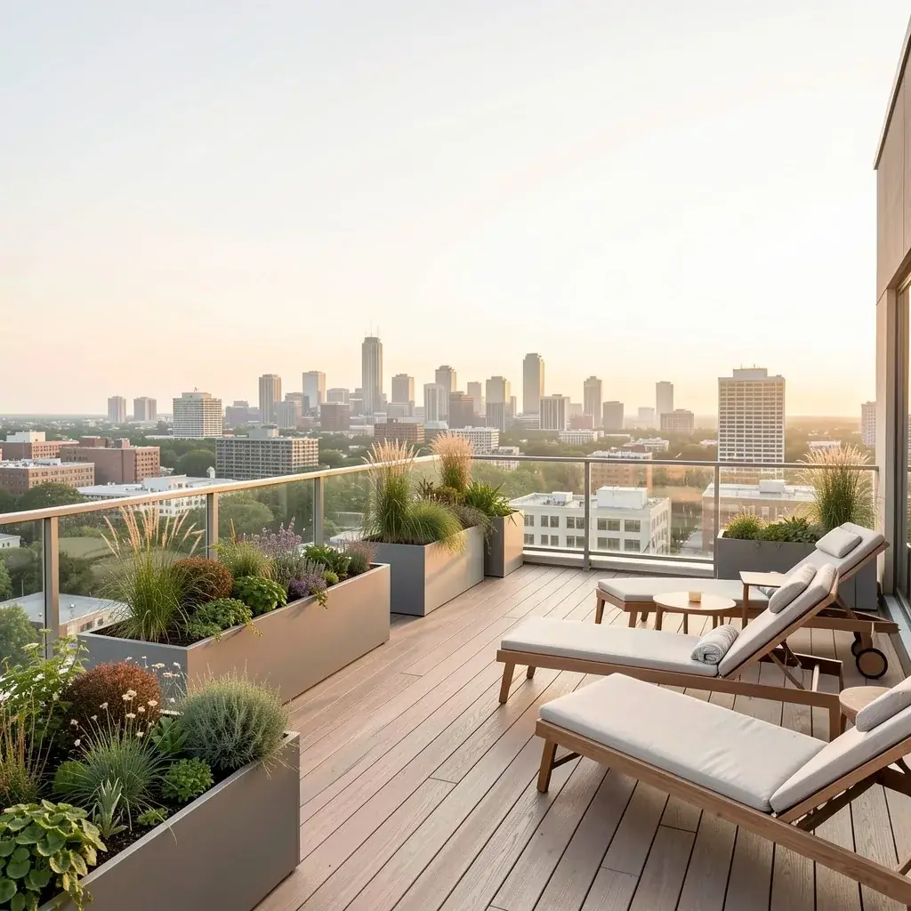 Rooftop terrace with planters and lounge chairs at sunset