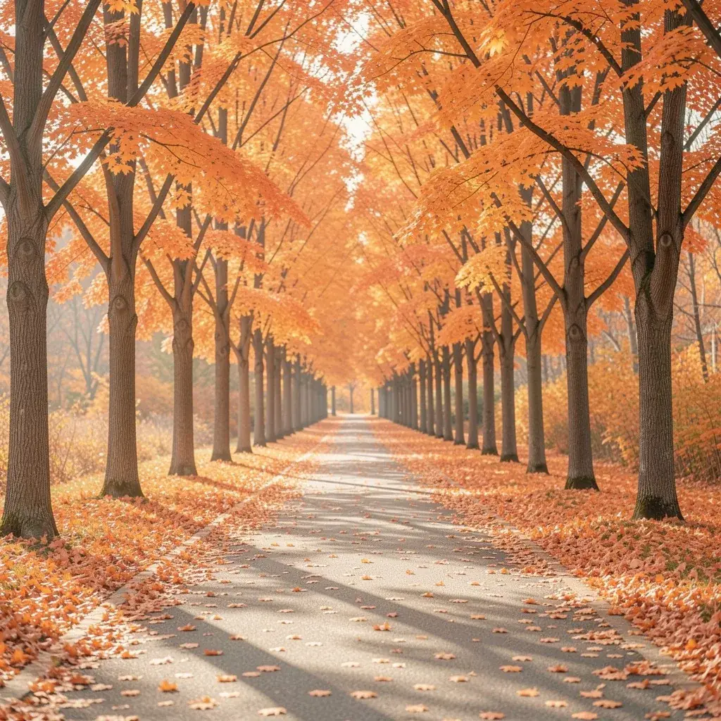 Tree-lined trail covered in orange maple leaves