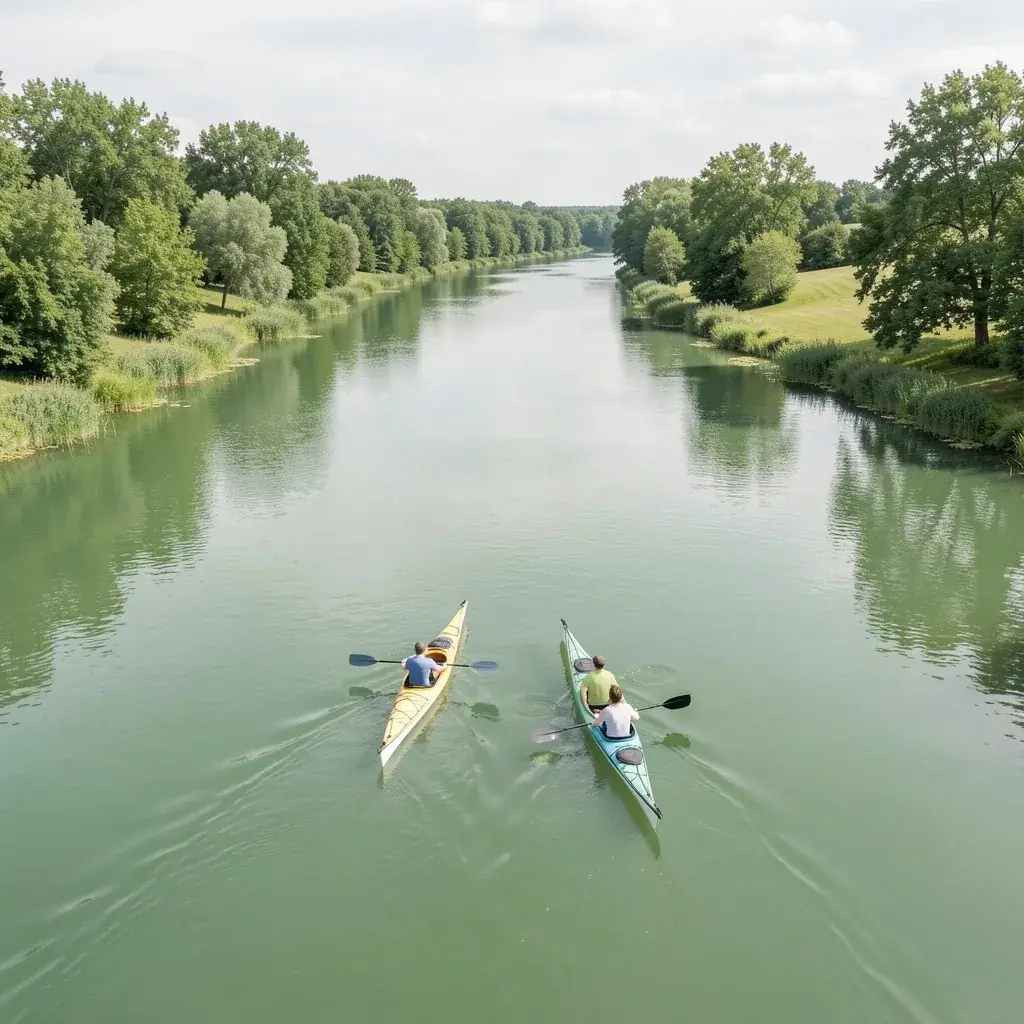 Two kayaks on a calm green river in summer